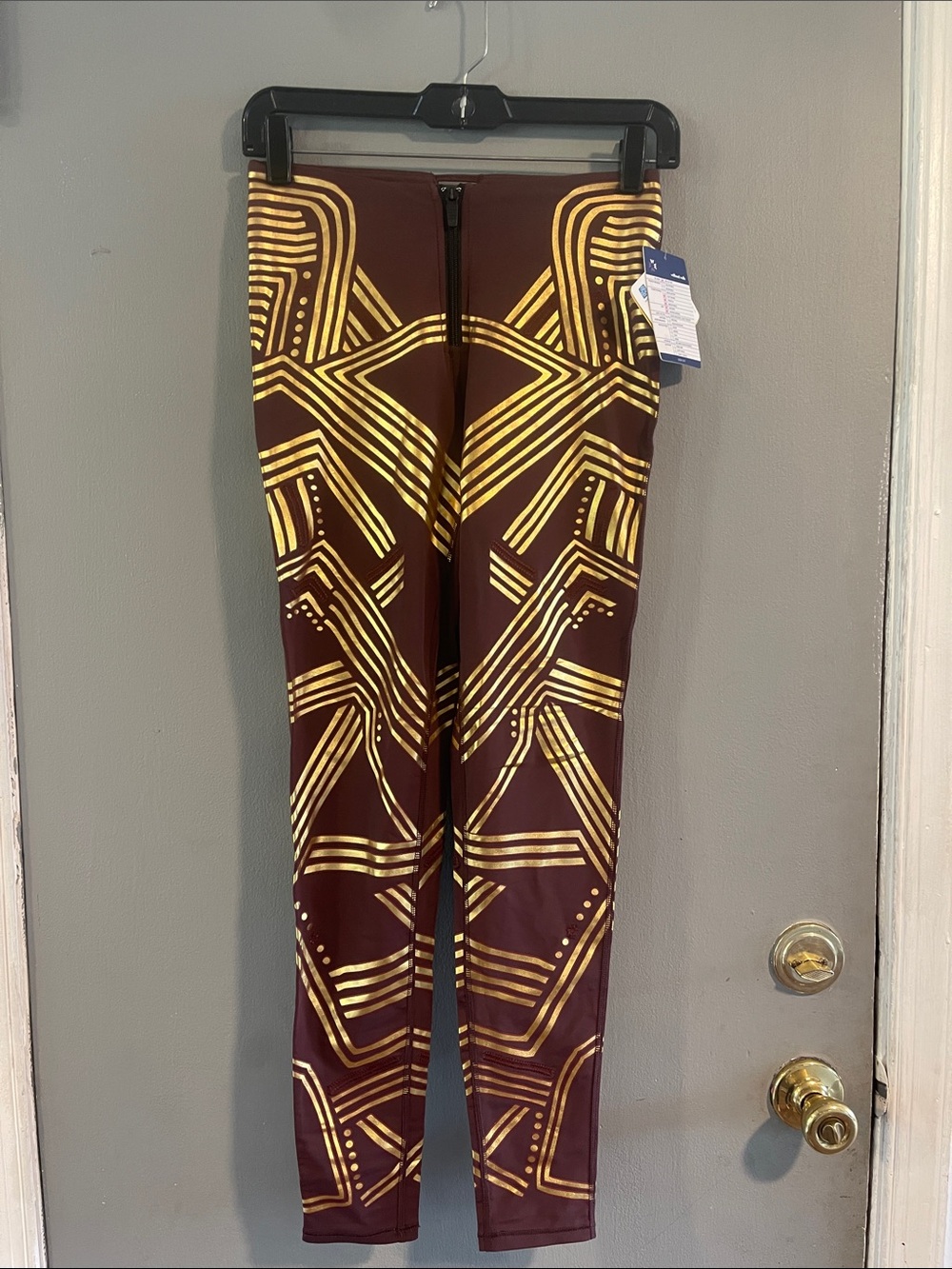 Without Walls Maroon Leggings with Metallic Gold Geometric Print size S